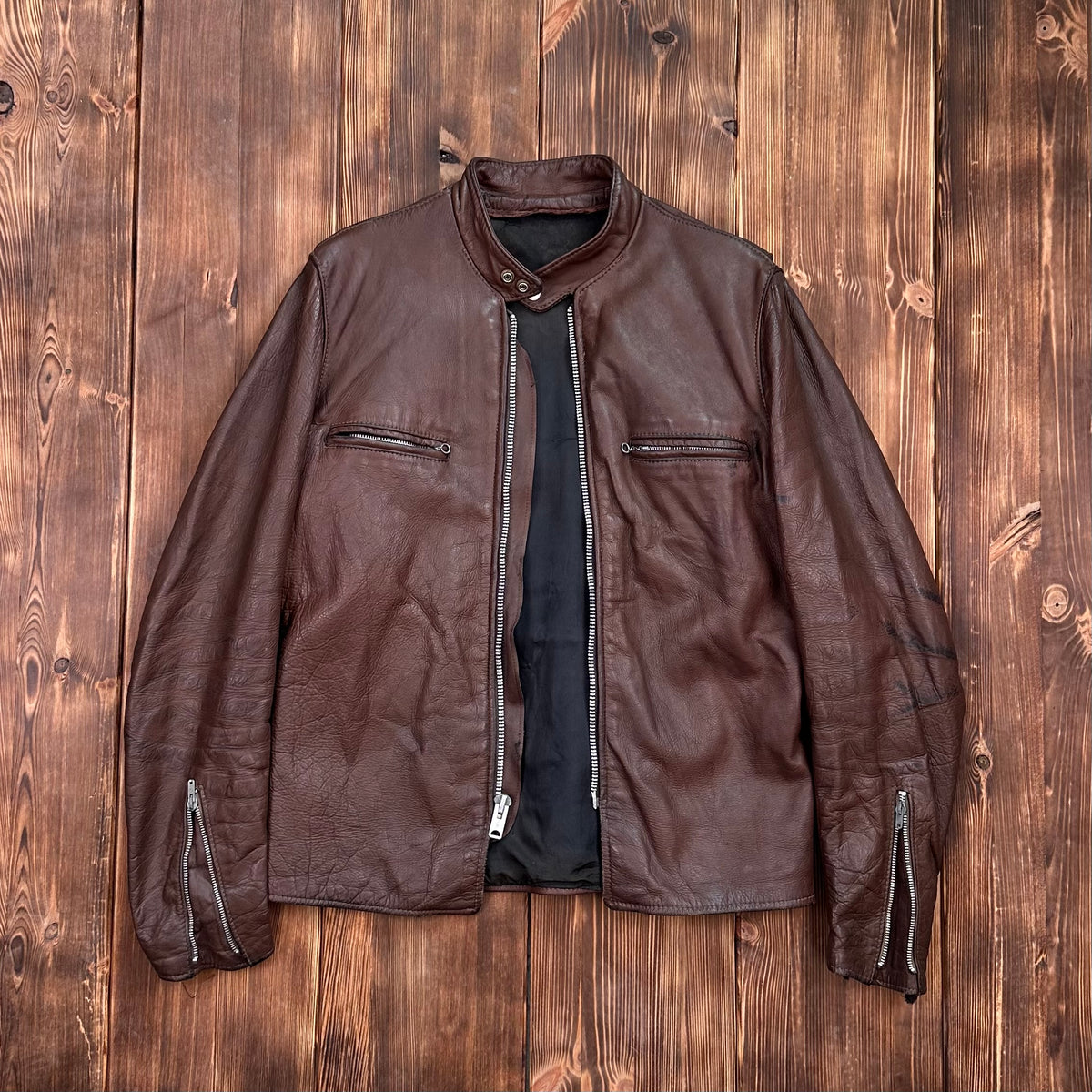 70s Cafe Racer brown leather jacket 40/42 long / large