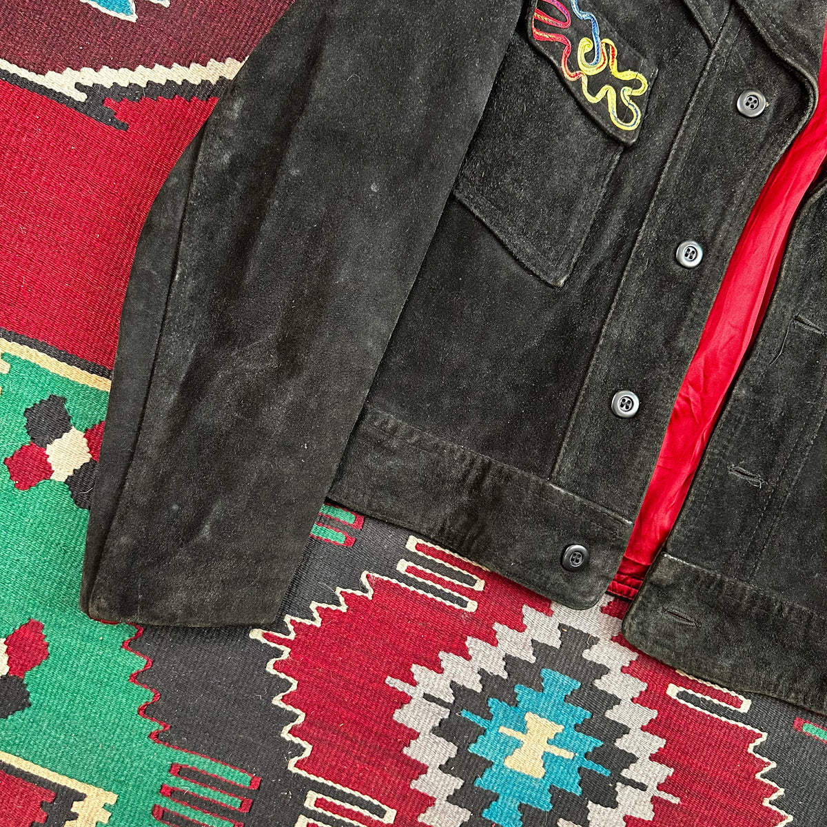 60s black suede with piping detail western trucker style cropped jacket Cabretta Leather