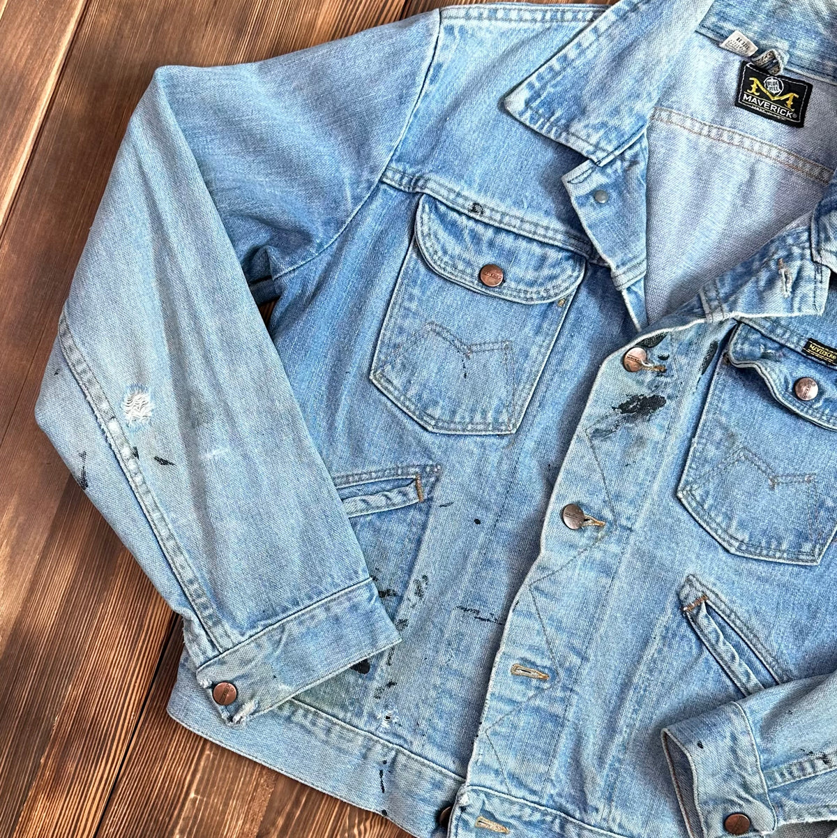 70s Maverick Blue Bell light wash selvedge denim trucker jacket tagged 38 made USA