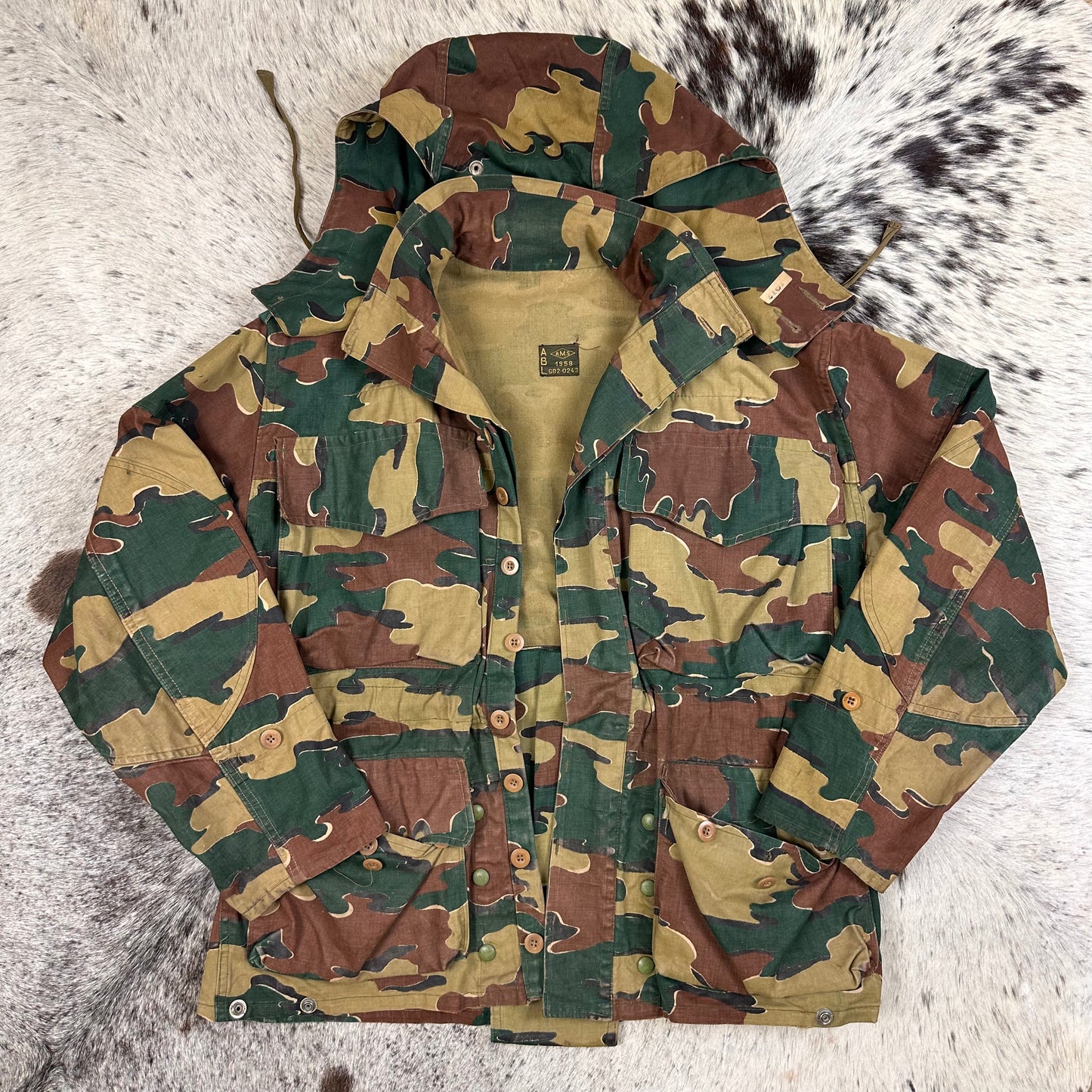 50s Belgian heavy canvas jigsaw camo paratrooper jacket with hood approx medium / large