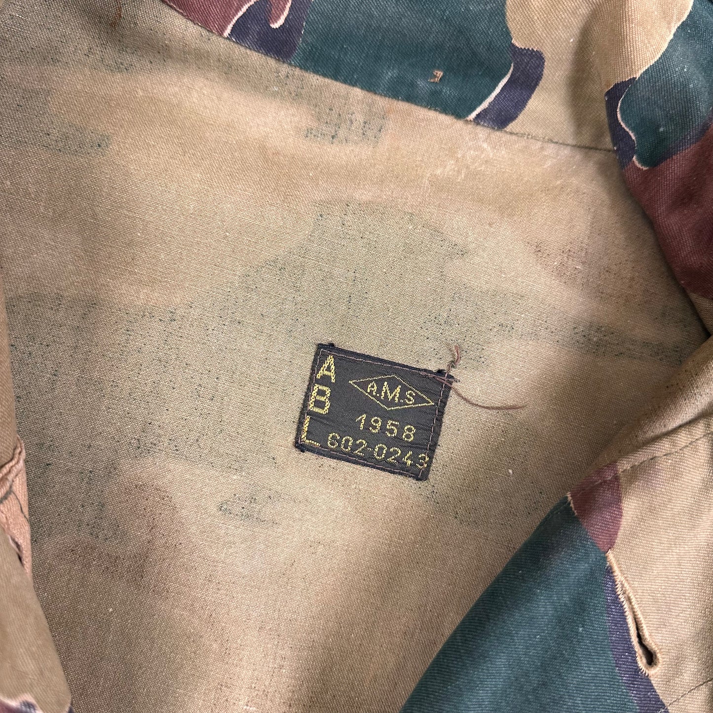 50s Belgian heavy canvas jigsaw camo paratrooper jacket with hood approx medium / large