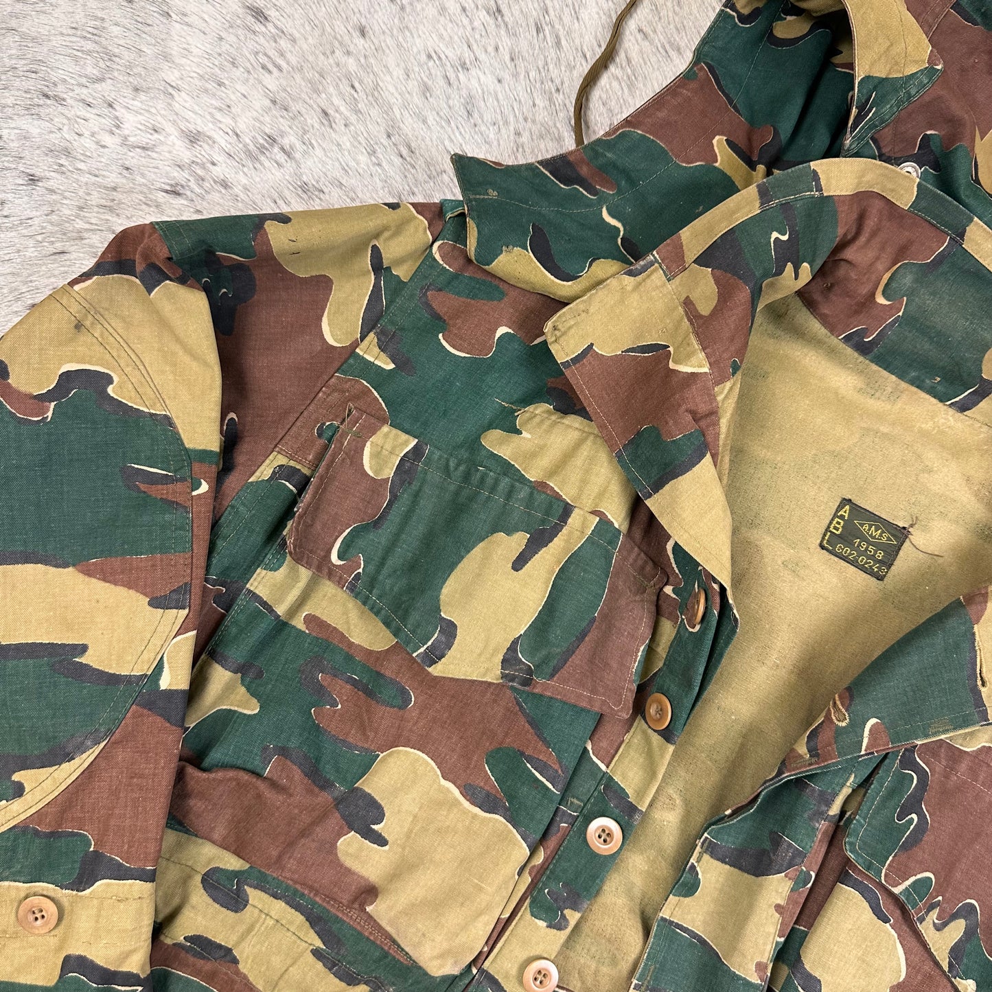 50s Belgian heavy canvas jigsaw camo paratrooper jacket with hood approx medium / large