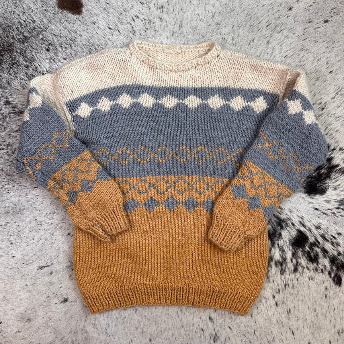 Hand knit tri color diamond weave sweater large