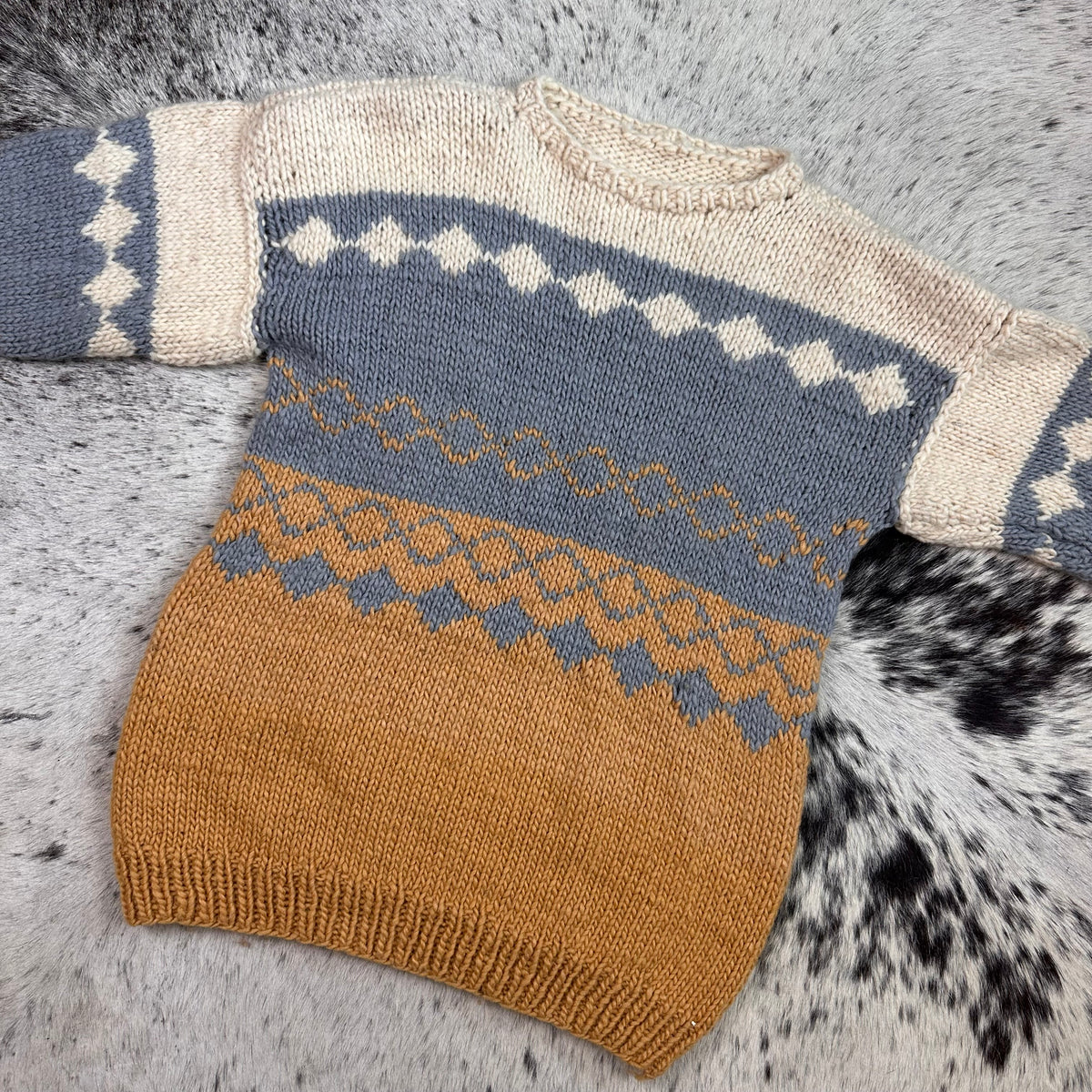 Hand knit tri color diamond weave sweater large