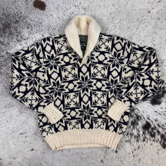 Polo country snowflake Nordic style all wool shawl collar sweater medium