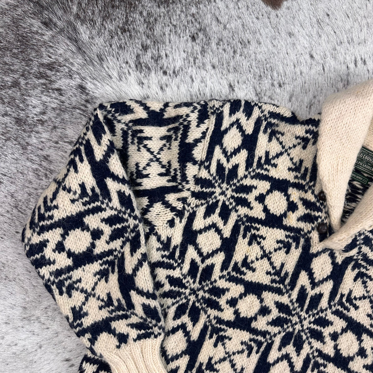 Polo country snowflake Nordic style all wool shawl collar sweater medium