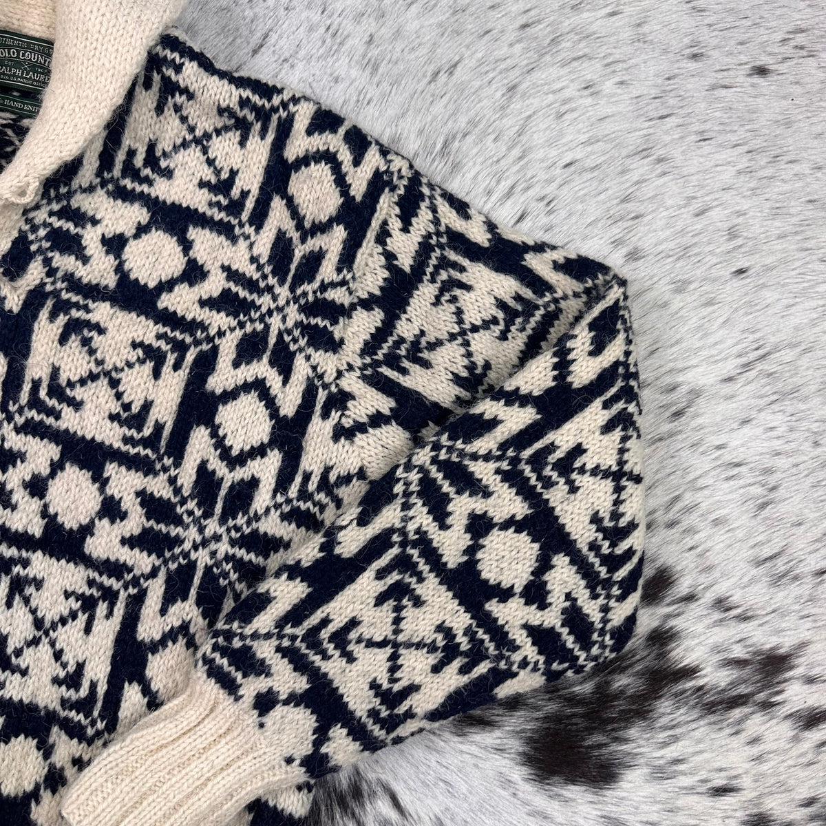 Polo country snowflake Nordic style all wool shawl collar sweater medium