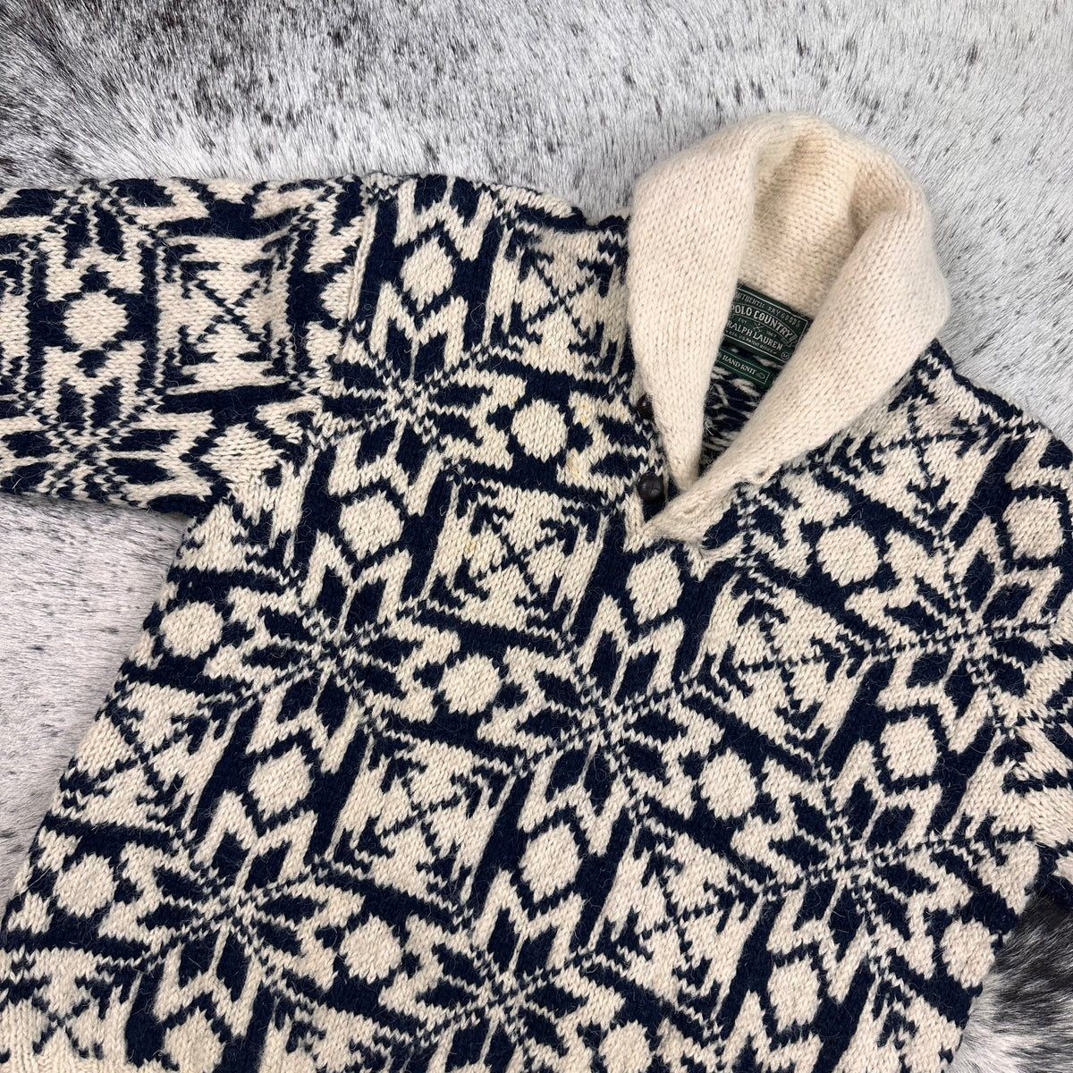 Polo country snowflake Nordic style all wool shawl collar sweater medium