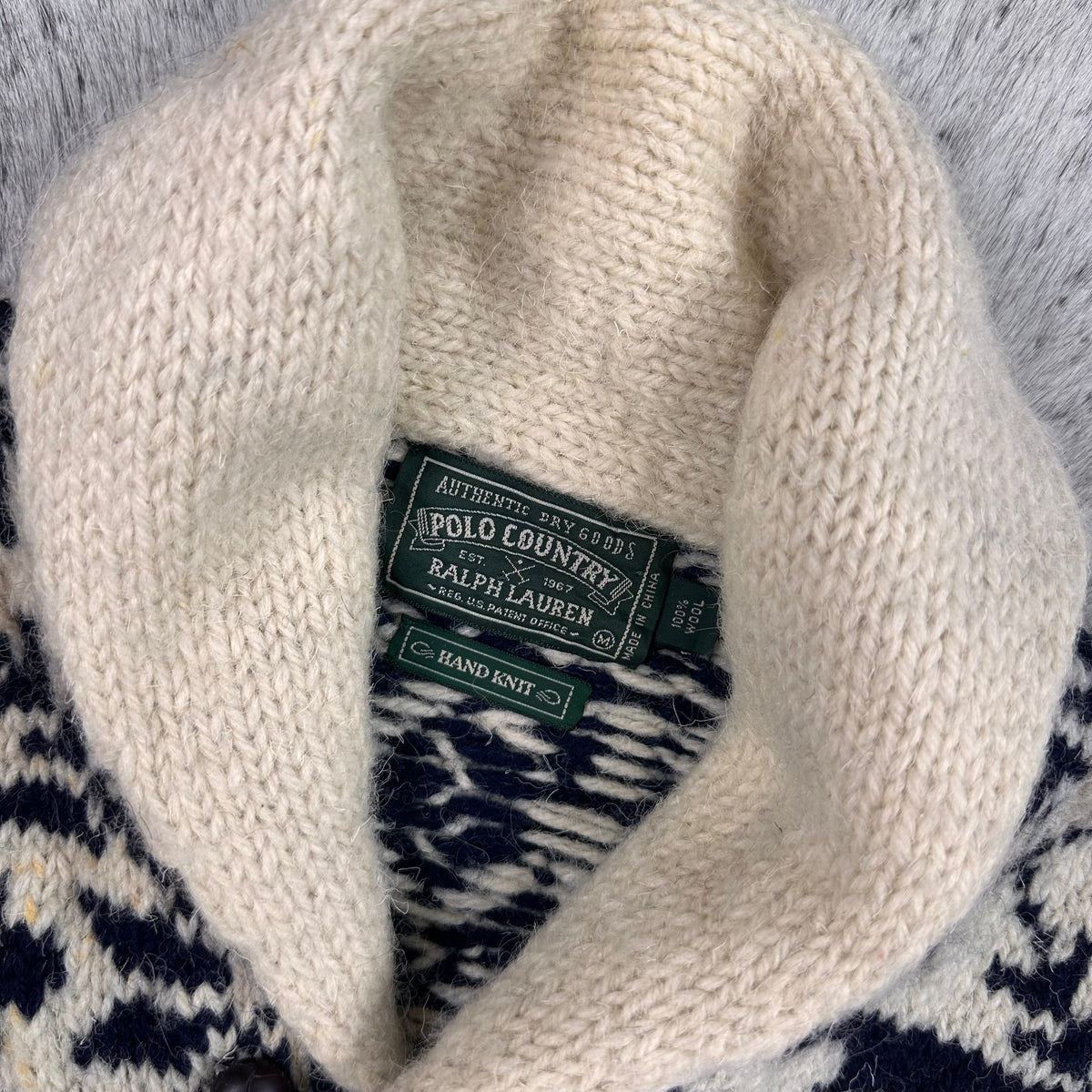 Polo country snowflake Nordic style all wool shawl collar sweater medium