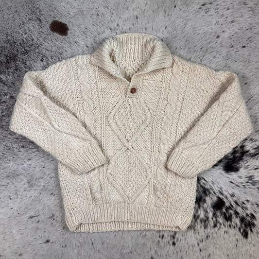 Quarter button Aran style cable knit all wool white cream sweater medium