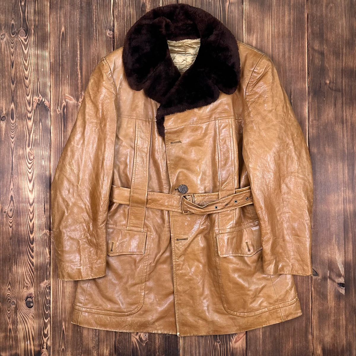 70s Cortefiel tan leather coat size 46 fits XL