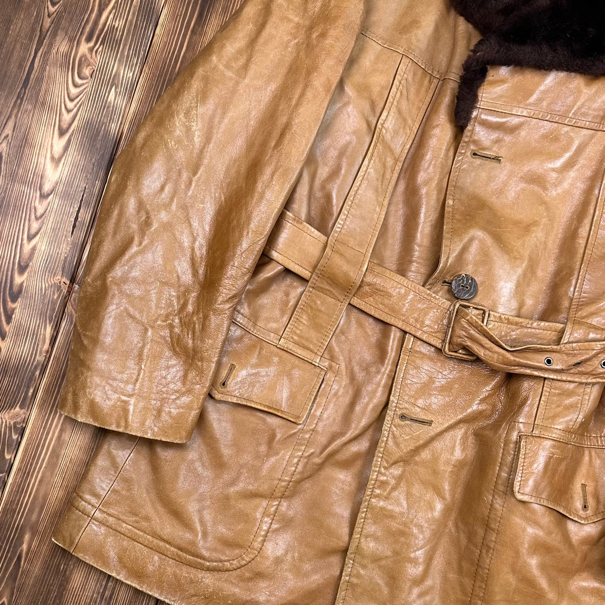 70s Cortefiel tan leather coat size 46 fits XL