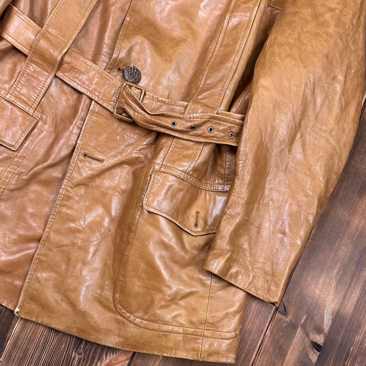 70s Cortefiel tan leather coat size 46 fits XL